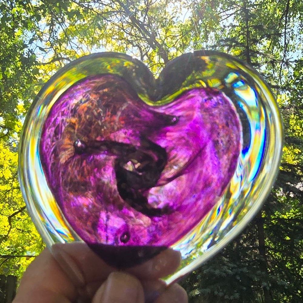 VTG Paperweight AGW 2000 Signed Studio Art Glass Heart Purple Copper Aventurine